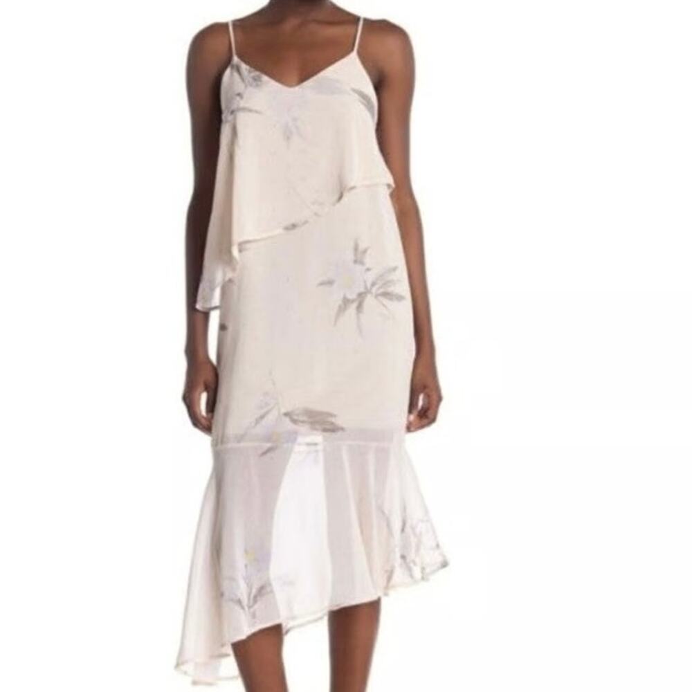 4SI3NNA Cream Gray Floral Asymmetrical Tiered Chiffon Slip Dress - Sz Medium